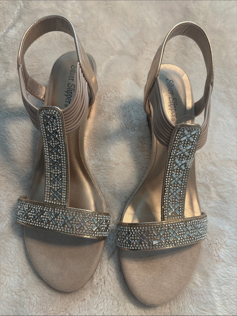 Beaded T-Strap Slingback Sandal in Metallic Gold